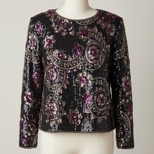 Vintage SCALA‎ Beaded Silk Evening Top XL Multicolor Sequin Cocktail Blouse XL
